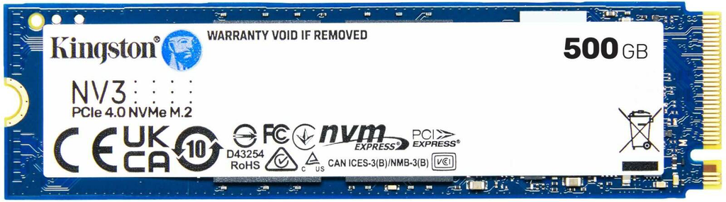 Kingston NV3 PCIe 4.0 NVMe Internal SSD, 500GB Capacity, M.2 2280 Form Factor, 5000 MB/s Sequential Read & 3000 MB/s.